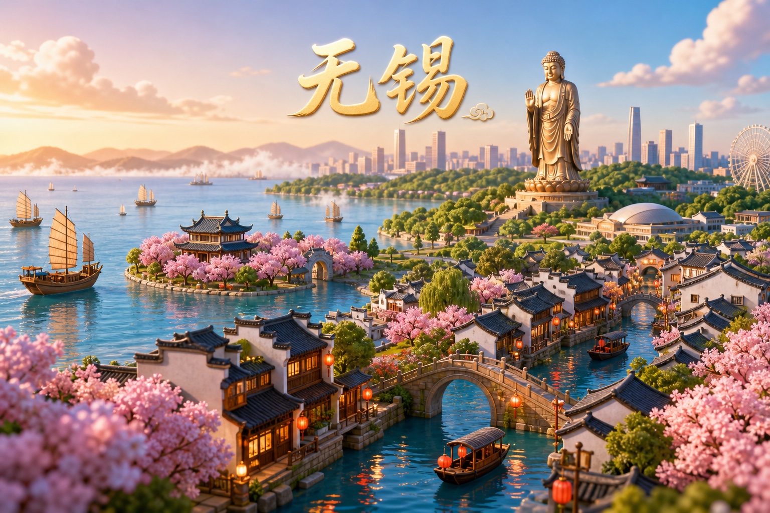 融合太湖、江南水乡、樱花、灵山大佛与现代天际线的无锡3D卡通城市画卷