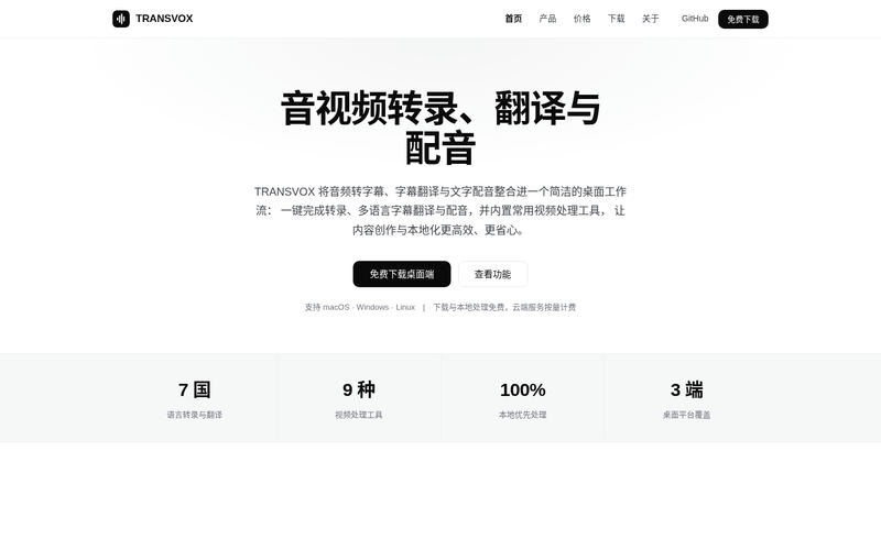 TRANSVOX — 桌面端音视频转录 · 字幕翻译 · 语音配音工具网站快照